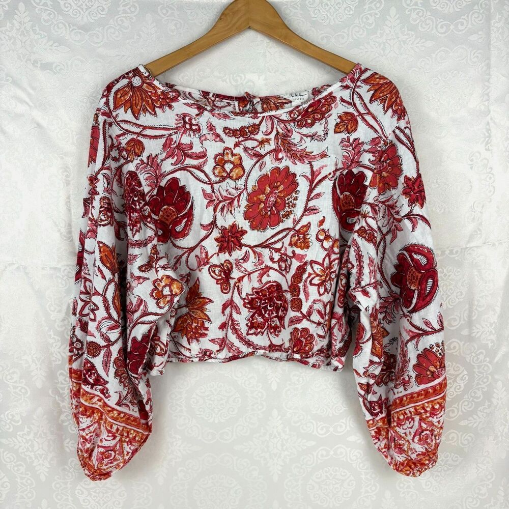 Nicole Miller Blouse Boat Neck Linen Floral Boho Cropped Balloon Sleeve Large
